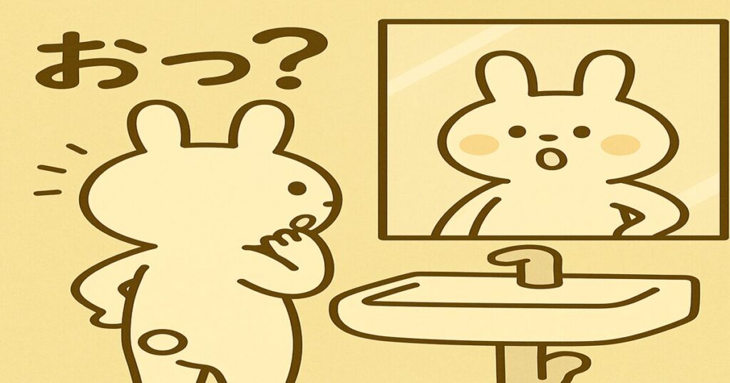 鏡の前で自分の体のシルエットに驚くうさぎのキャラクター・みどりん。洗面所の背景で、みどりんが『おっ？』という表情をしながら体型の変化に気づいている様子が描かれている。